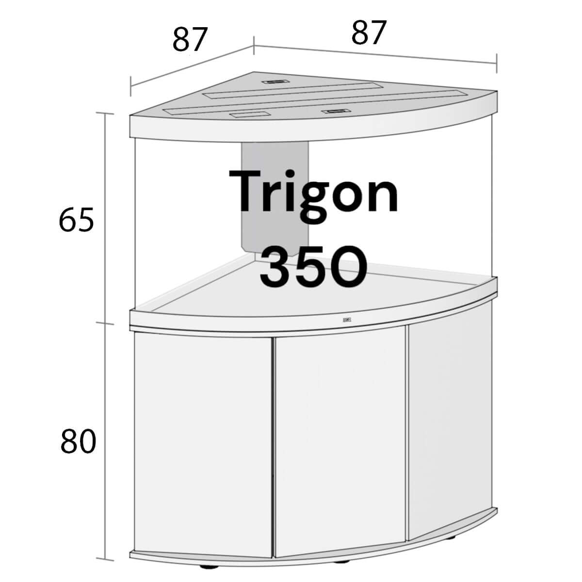 Juwel Trigon 350 Aquarium and Cabinet dimensions and design showcasing a corner setup for stylish home aquariums.