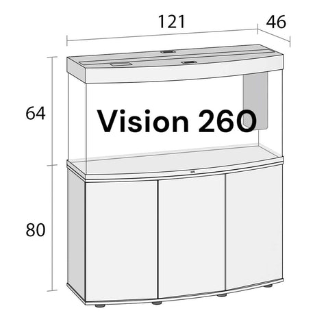 Juwel Vision 260 Aquarium and Cabinet dimensions illustration, showcasing curved design and elegant features.
