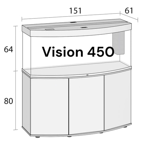 Juwel Vision 450 Aquarium and cabinet dimensions illustration with curved front panel and elegant design.
