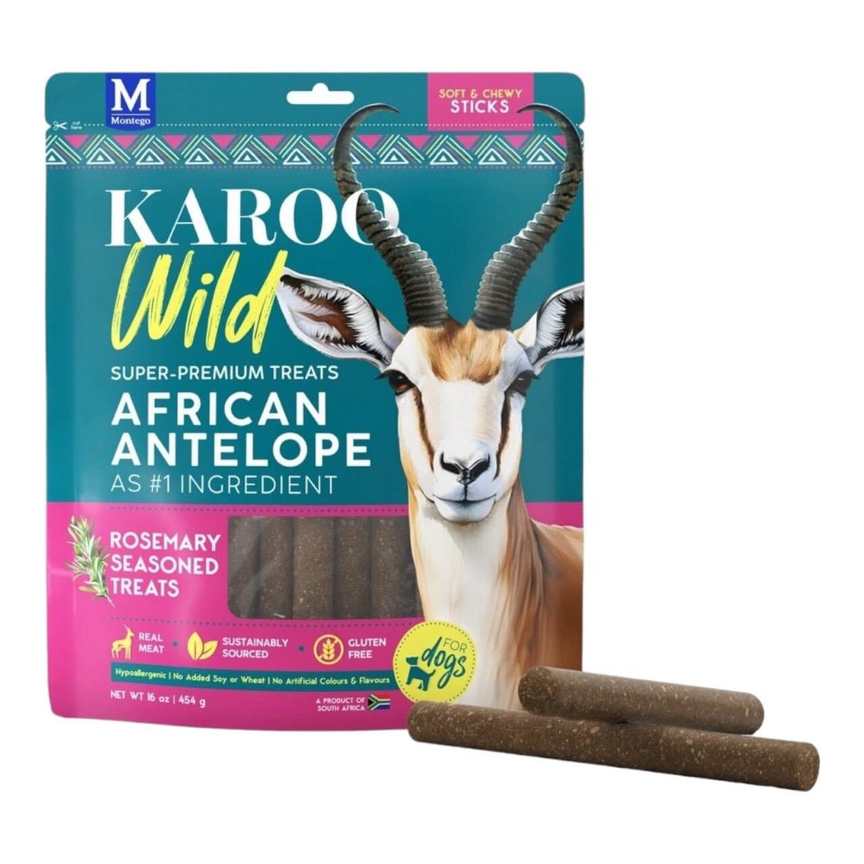 Karoo Wild Sticks for Dogs, 454g pack featuring soft and chewy African antelope dog treats, sustainably sourced and gluten-free.