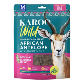 Montego Karoo Wild Trail Bites for dogs, soft and chewy dog treats with African antelope, sustainably sourced, 227g package.