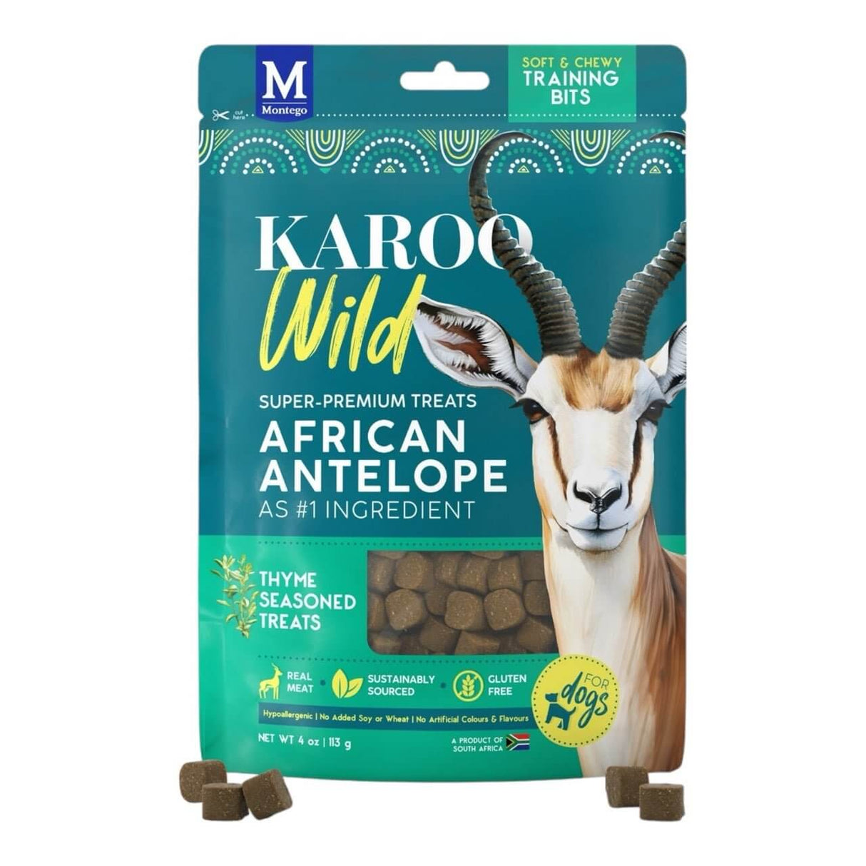 Karoo Wild Training Bits 113g dog treats featuring African antelope as the main ingredient, sustainably sourced and gluten-free.
