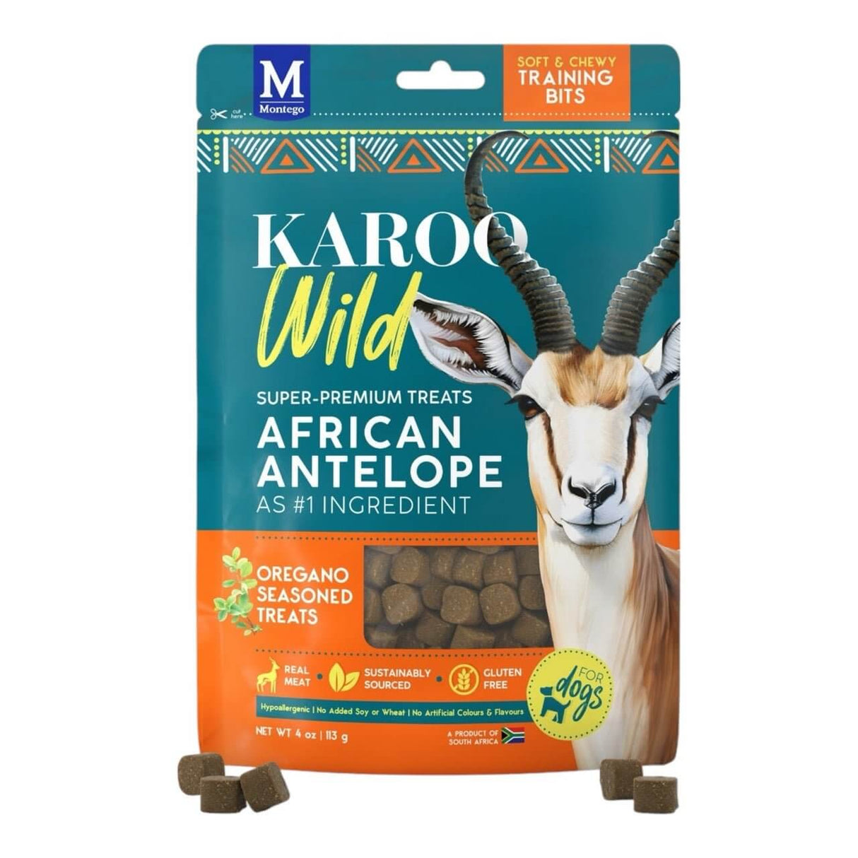 Montego Karoo Wild Training Bits dog treats, featuring African antelope, soft and chewy, sustainably sourced, 113g pack.