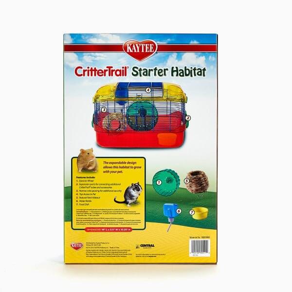 Kaytee CritterTrail Primary Habitat back view with features for hamsters and small pets including food dish, water bottle, and exercise wheel.