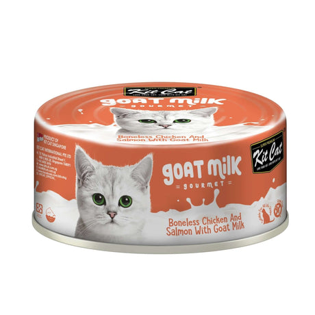 Kit Cat Boneless Chicken and Salmon with Goat's Milk 70g can, grain-free cat food for sensitive stomachs.