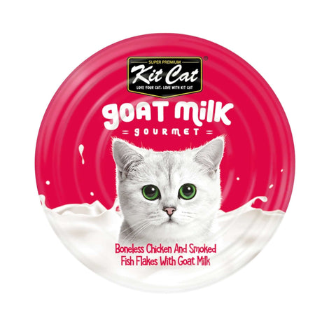 Kit Cat Boneless Chicken and Smoked Fish Flakes with Goat Milk packaging featuring a cat on a red background.