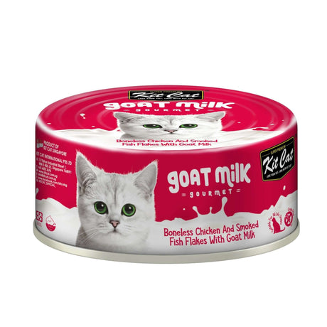 Kit Cat Boneless Chicken Shreds & Smoked Fish Flakes with Goat's Milk 70g - Grain Free cat food for sensitive stomachs.