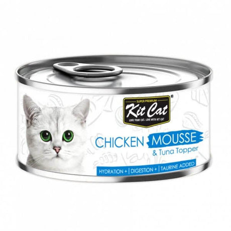 Kit Cat Chicken Mousse with Tuna Topper 80g can, grain-free wet food for all life stages, added taurine for hydration.