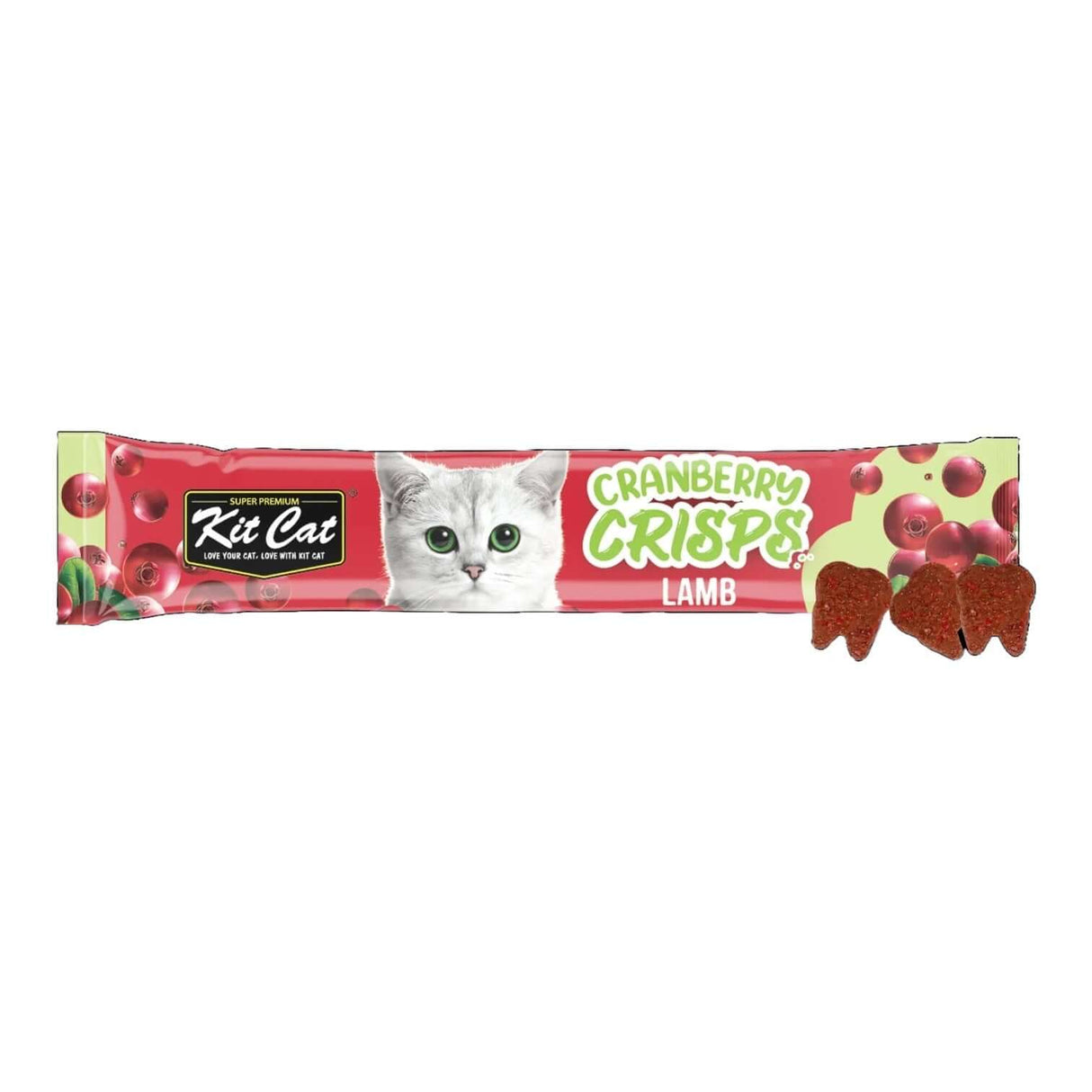 Kit Cat Cranberry Crisps Lamb flavor package with cat image, crunchy snacks for urinary care and fussy eaters.