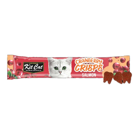 Kit Cat Cranberry Crisps with Salmon packaging and treats, designed for urinary care and fussy eaters in cats.