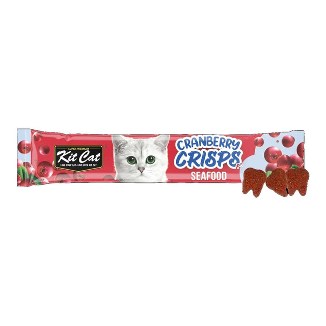 Kit Cat Cranberry Crisps Seafood flavor packaging with cranberries and cat image, ideal for urinary care in cats.