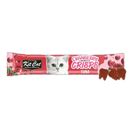 Kit Cat Cranberry Crisps Tuna packaging with snack pieces, designed for urinary care and fussy cats, 20g.