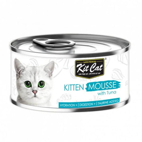 Kit Cat Kitten Tuna Mousse 80g can, grain-free wet food with taurine for hydration and digestion, featuring a playful kitten on the label.
