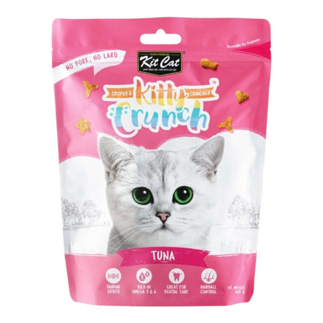 Kit Cat KittyCrunch Tuna Cat Treats packaging with a playful cat design, showcasing crunchy bites for dental care.