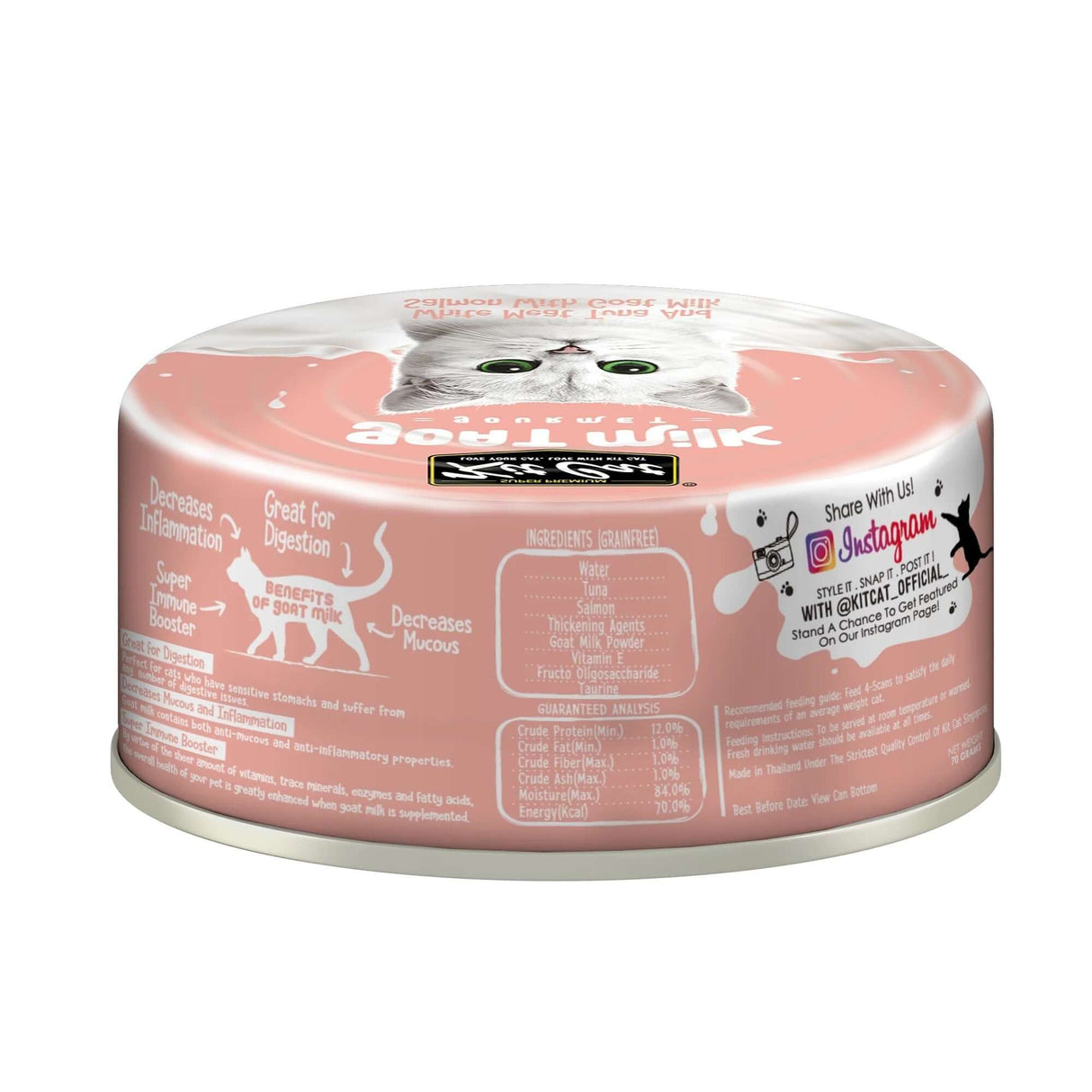 Kit Cat White Meat Tuna Flakes & Salmon can featuring cat image, grain-free formula with goat's milk for digestive health.