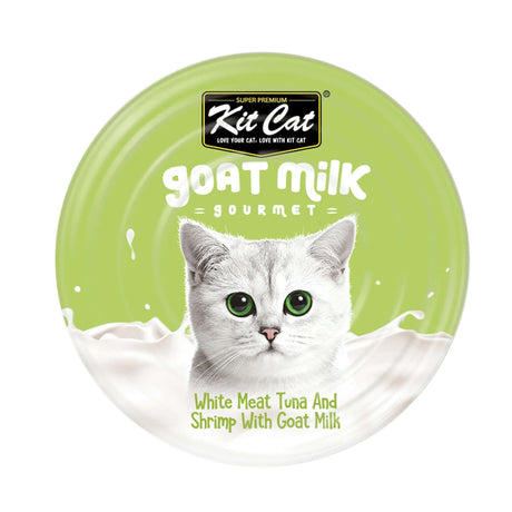 Kit Cat White Meat Tuna Flakes & Shrimp with Goat's Milk 70g can with cat illustration, grain-free, super premium pet food.
