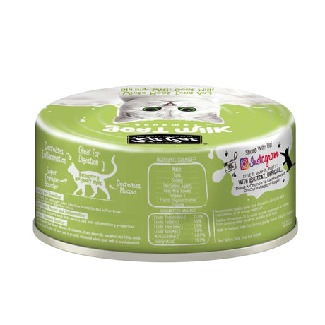 Kit Cat White Meat Tuna Flakes & Shrimp with Goat's Milk can, highlighting digestive benefits and immune support for cats.