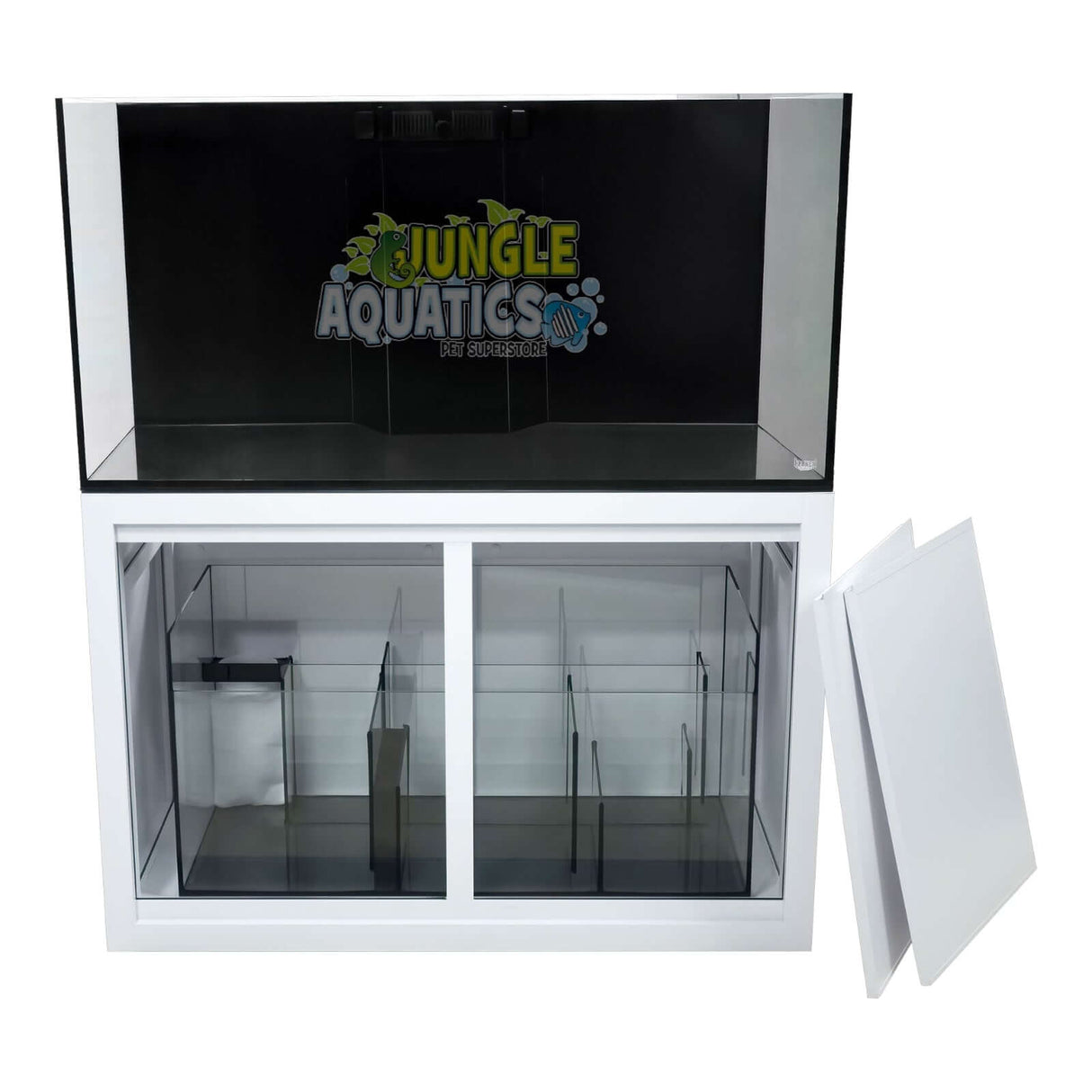 Kraken Aquarium Pro with Sump and Cabinet, featuring clear Starfire glass and modern white cabinet design.