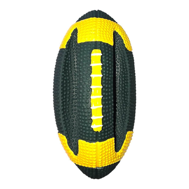Limited edition Springbok Rugby Ball dog toy, featuring green and yellow design with textured grip and built-in squeaker.