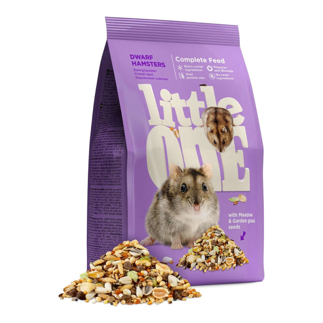 Little One Dwarf Hamster Food 400g package with nutrition-rich seeds and a dwarf hamster.