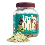 Little One Pea Flakes Snack 230g jar for rodents with scattered flakes and animal images.