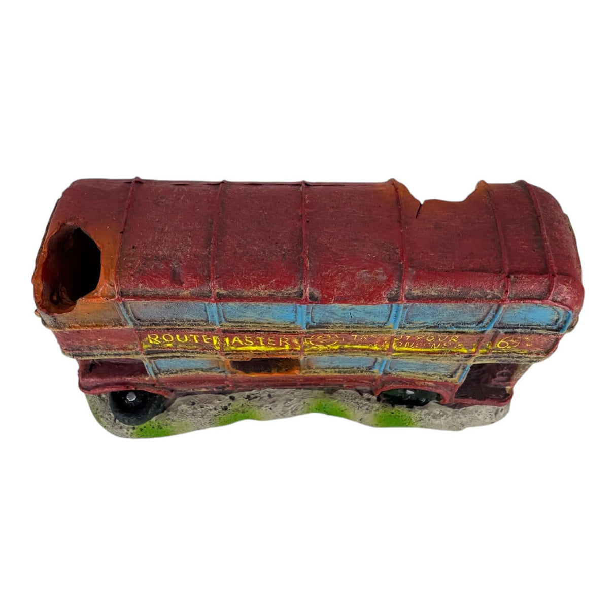Little Red Bus Aquarium Ornament, a whimsical London double-decker bus designed as a shipwreck for aquarium decor.