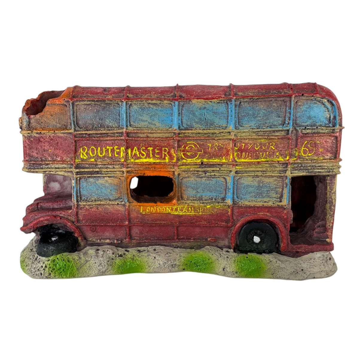 Little Red Bus Aquarium Ornament modeled after a classic London Routemaster bus in vibrant colors for aquatic decor.