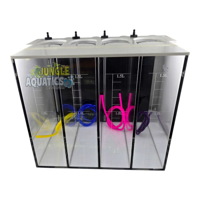 Mantis Liquid Dosing Container with four compartments, colorful dosing tubes, and clear measurement markings for precision.