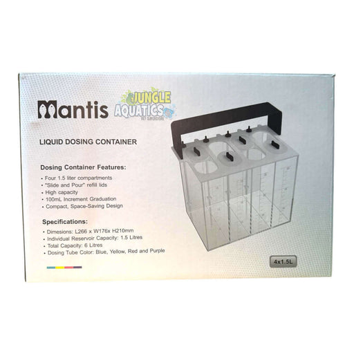 Mantis Liquid Dosing Container with four 1.5L compartments and slide and pour refill lids for precise liquid measurement.