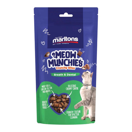 Meow Munchies Crunchy Cat Bite Treats packaging with nutrition info for fresh breath and dental care, 50g bag.