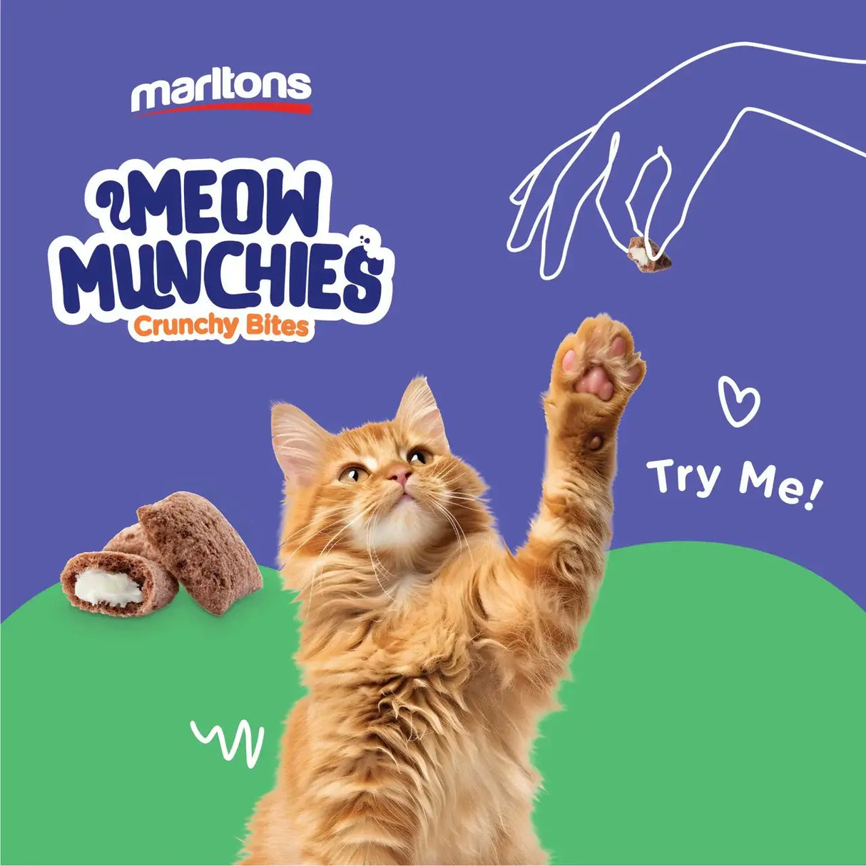 Marltons Meow Munchies Crunchy Cat Treats with a playful cat reaching for a treat, showcasing a fun and enticing packaging design.