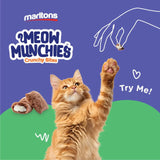Marltons Meow Munchies Crunchy Cat Treats with a playful cat reaching for a treat, showcasing a fun and enticing packaging design.