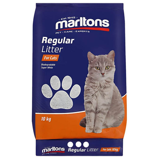 Marltons Regular Cat Litter 10kg package, biodegradable bentonite clay, designed for odor control and home hygiene.