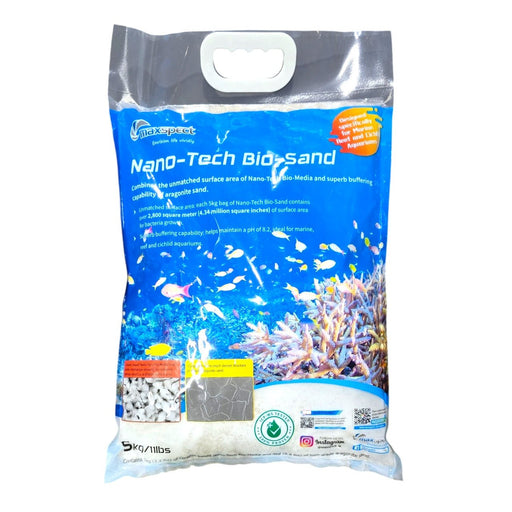 Maxspect Nano-Tech Bio Sand 5kg bag for marine aquariums, featuring bio media and aragonite sand for optimal tank health.