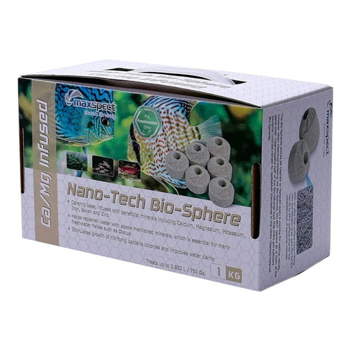 Maxspect Nano-Tech Ca/Mg Infused Bio-Spheres 1kg package featuring ceramic media for aquarium health.