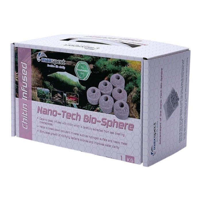 Maxspect Nano-Tech Chitin Infused Bio-Spheres 1kg package showcasing high-quality bio-media for aquariums.