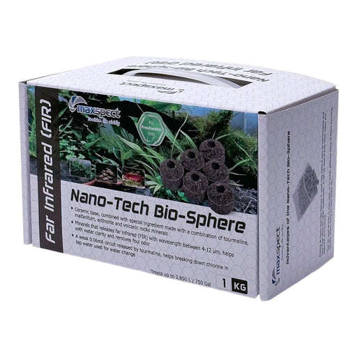 Maxspect Nano-Tech Far Infrared Bio-Spheres 1kg packaging, featuring bio-media with tourmaline and volcanic minerals.