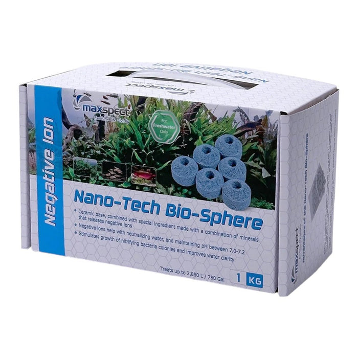 Maxspect Nano-Tech Negative Ion Bio-Spheres 1kg packaging, featuring ceramic bio-media for improved water clarity.