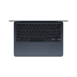 Pre-owned Apple MacBook Air 13inch M3 Chip 8 core CPU 10 core GPU, 16GB, 512GB SSD - Midnight top view with keyboard.