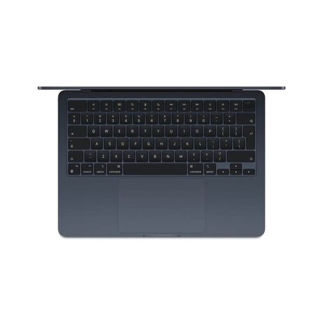 Pre-owned Apple MacBook Air 13inch M3 Chip 8 core CPU 10 core GPU, 16GB, 512GB SSD - Midnight top view with keyboard.