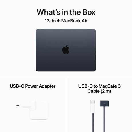What's in the Box for Pre-owned Apple MacBook Air 13inch M3 Chip 8 core CPU 10 core GPU, 16GB, 512GB SSD - Midnight.