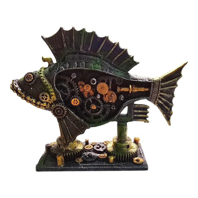 Mechanical fish aquarium ornament featuring a robotic design with gears, ideal for decor or as a paperweight.