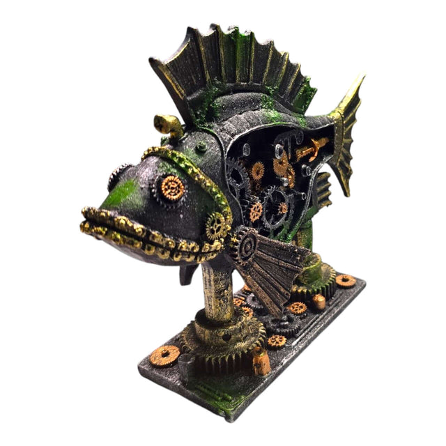 Mechanical fish aquarium ornament with exposed gears, serves as decor and paperweight, 12cm base, 18cm fish length.