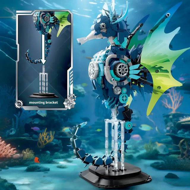 Mechanical Seahorse 7011 LEGO model featuring lifelike details and vibrant colors in an underwater setting.