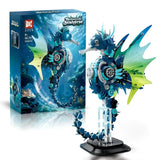 Mechanical Seahorse 7011 model displayed alongside its box, showcasing intricate design and ocean-inspired colors.