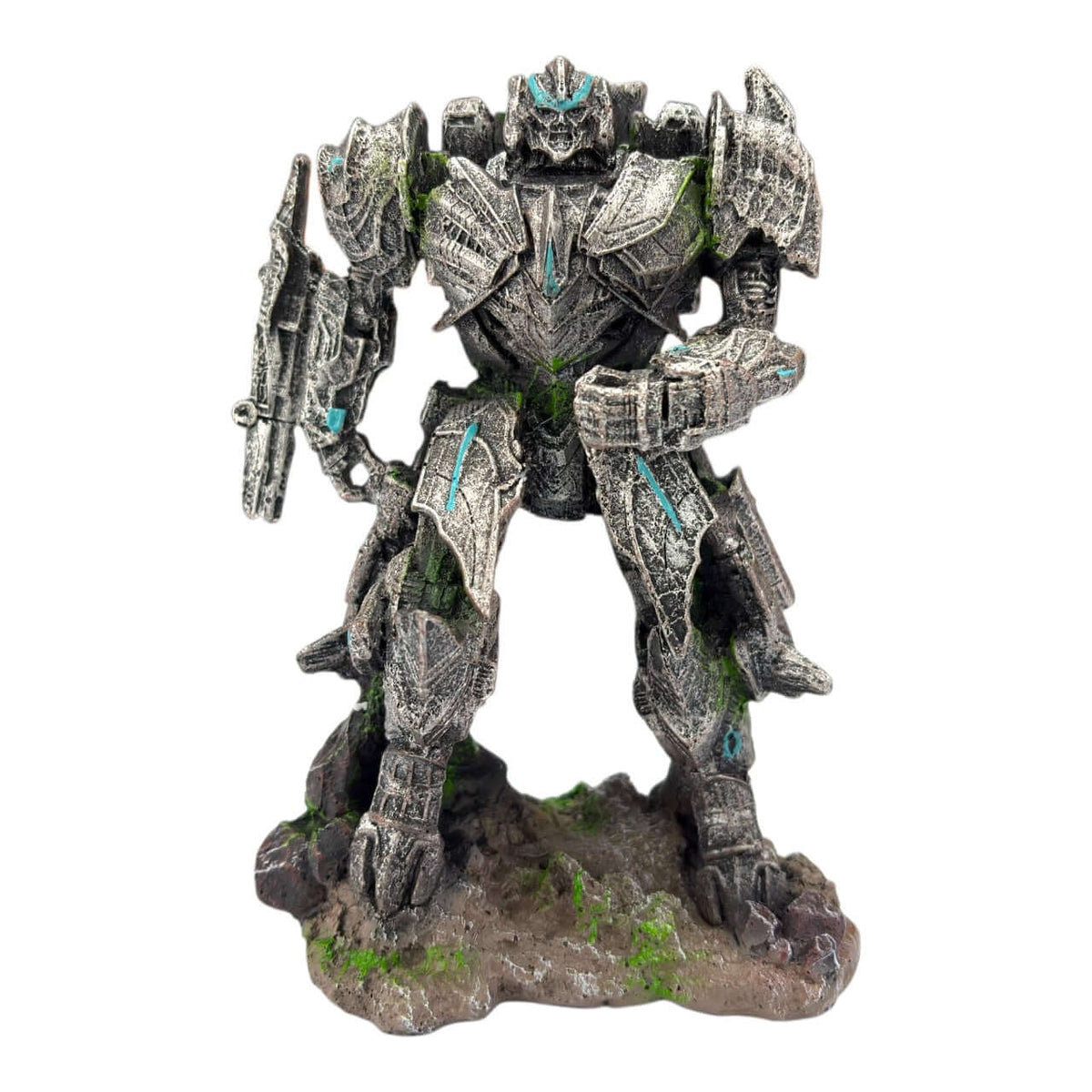 Megatron Transformer Ornament designed for aquariums, showcasing silver-grey armor with rugged textures.