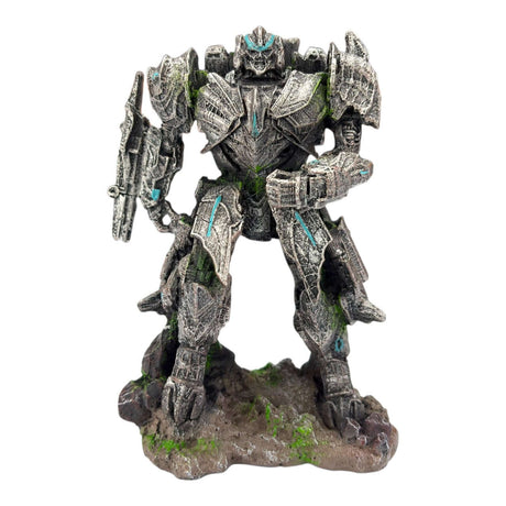 Megatron Transformer Ornament designed for aquariums, showcasing silver-grey armor with rugged textures.