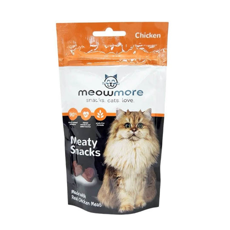 Meow More Meaty Snacks 35g package featuring high-protein chicken treats for cats.