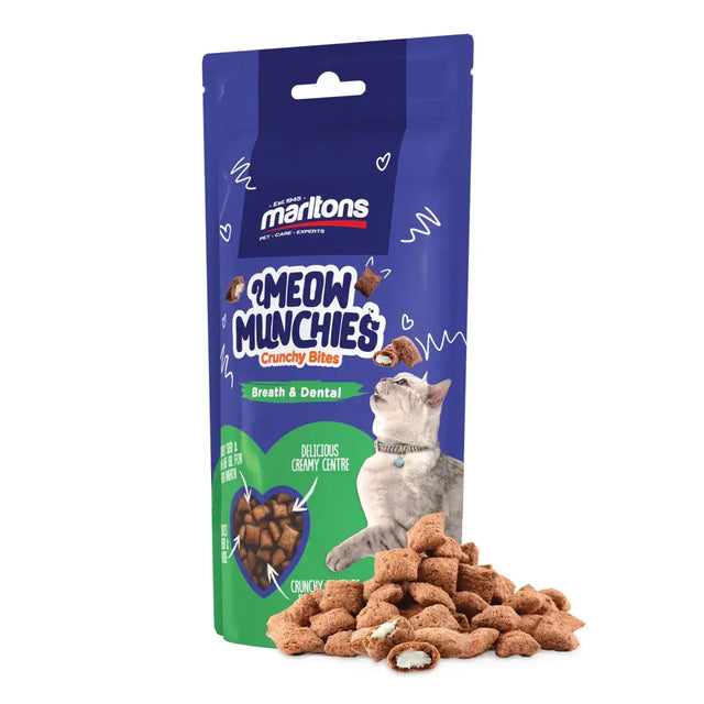 Meow Munchies Crunchy Cat Bite Treats packaging with cat image, promoting fresh breath and dental health.