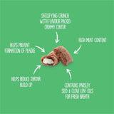 Meow Munchies crunchy cat treats with creamy center, highlighting benefits for fresh breath and dental health.